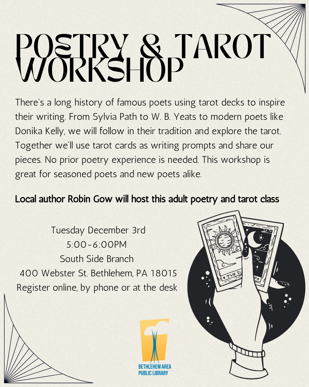 This flyer shows a hand holding two tarot cards, and the event description. 