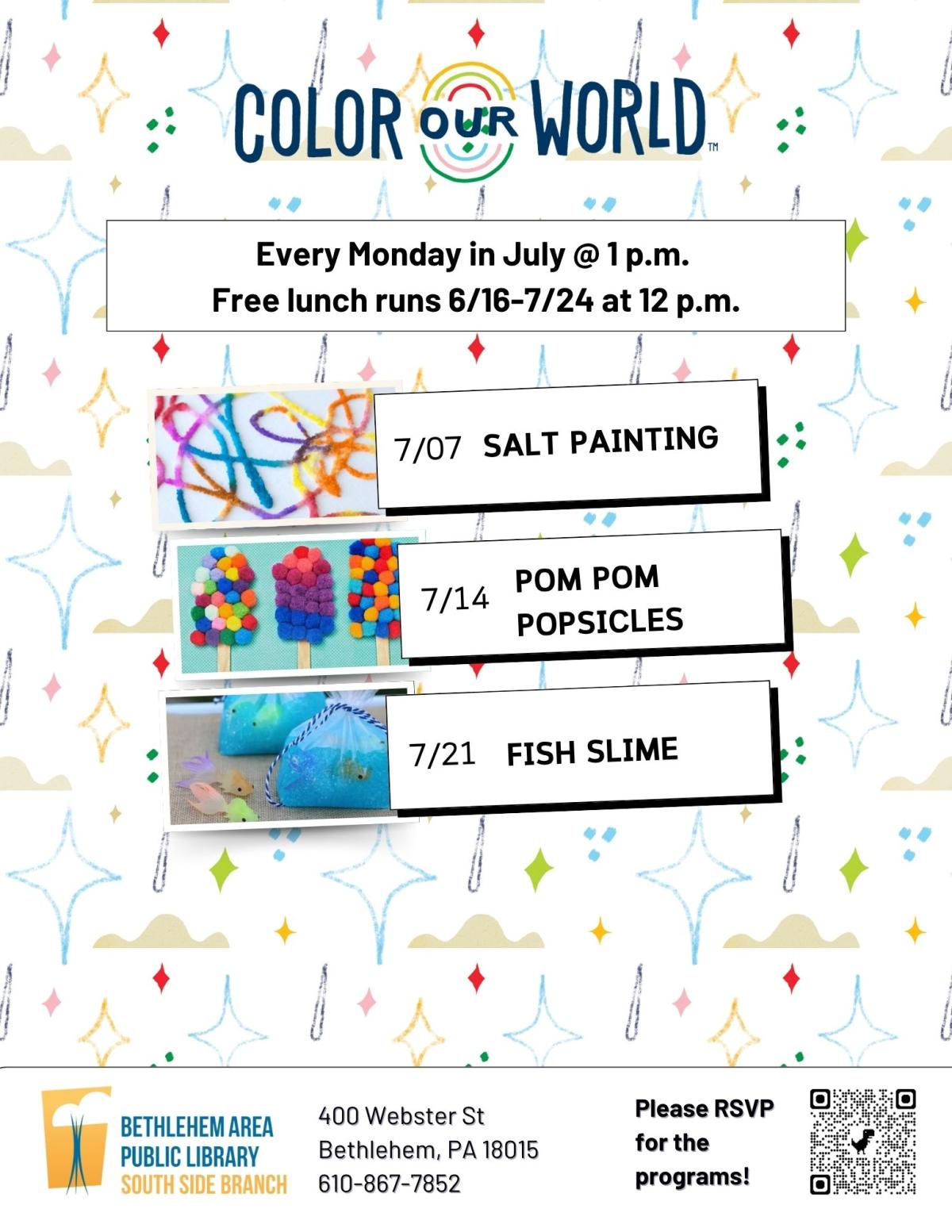 Flyer for all Monday craft events at 1 p.m. in July.