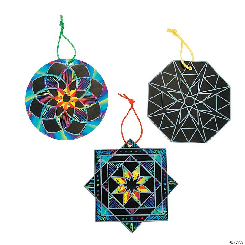 Three ornaments with colorful geometric designs