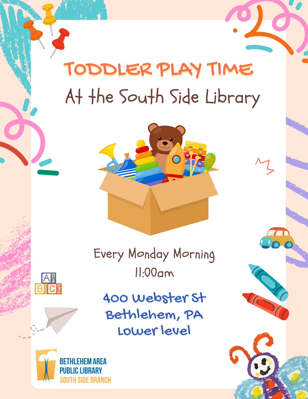 Toddler Play Time at the South Side Library, Mondays at 11 a.m.