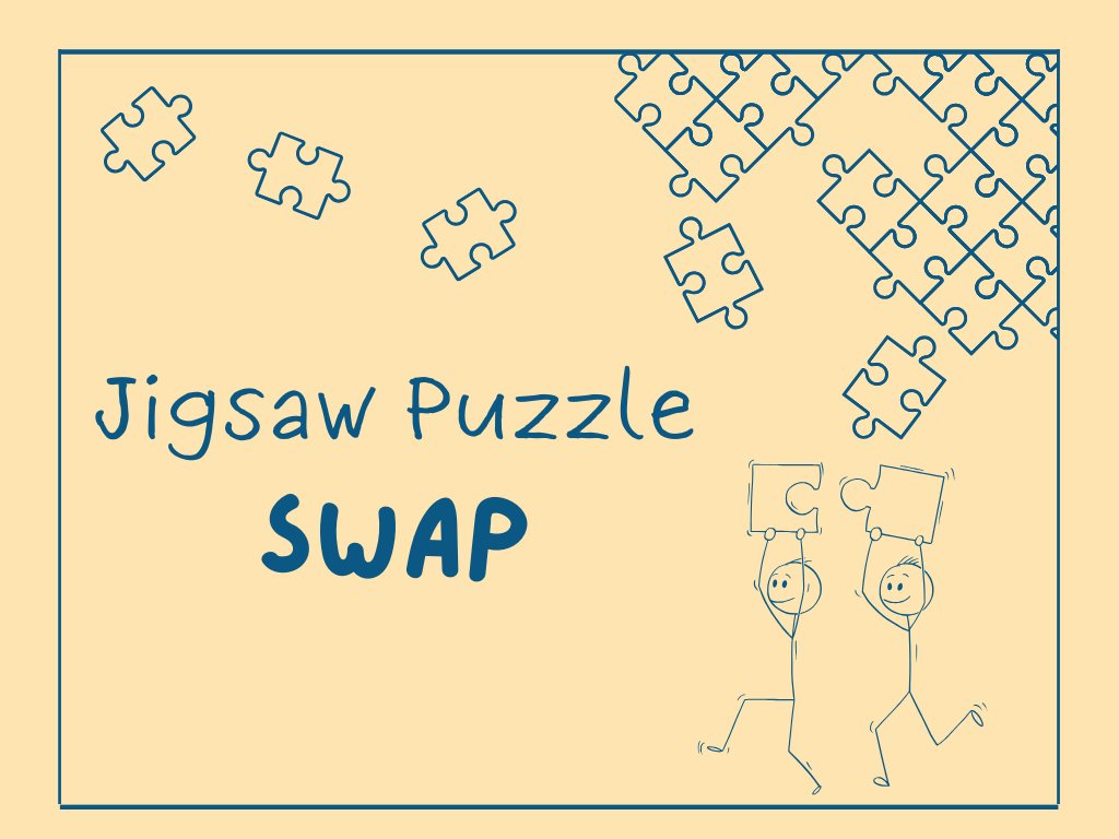 Stick figures carry jigsaw puzzle pieces across a yellow rectangle