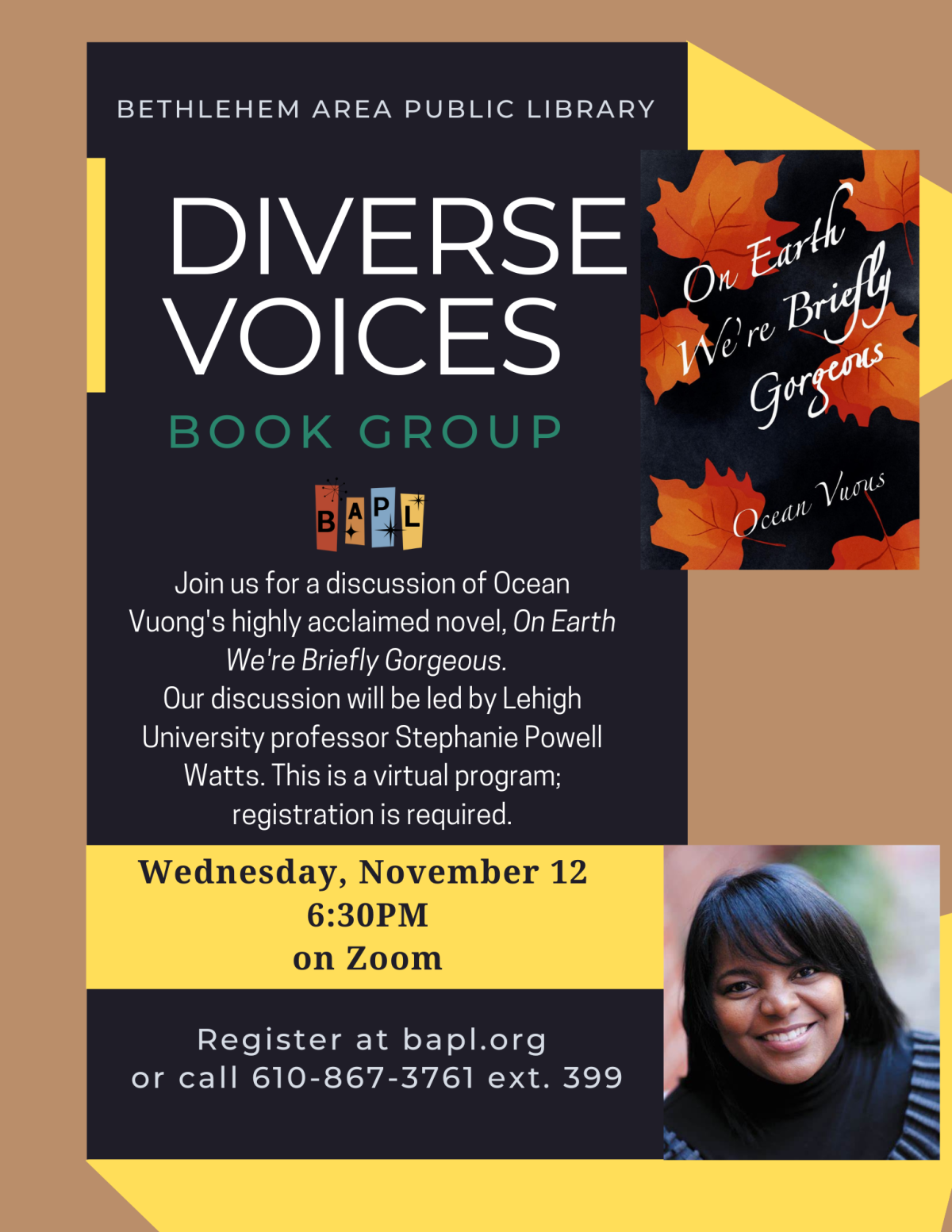 Information on the book group with images of leaves and the discussion leader