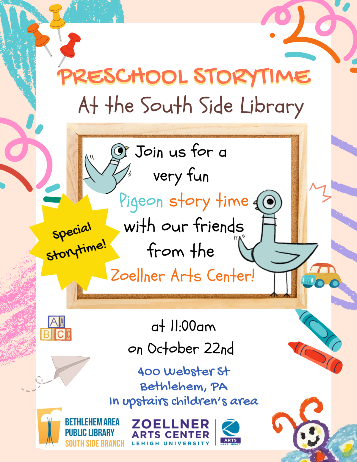 Preschool Storytime at the South Side Library. Pigeon Storytime with Zoellner Arts Center