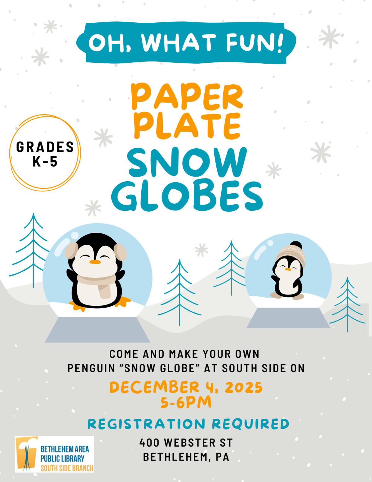 Paper Plate Snow Globes at the South Side Library on December 4, 2025 from 5-6pm