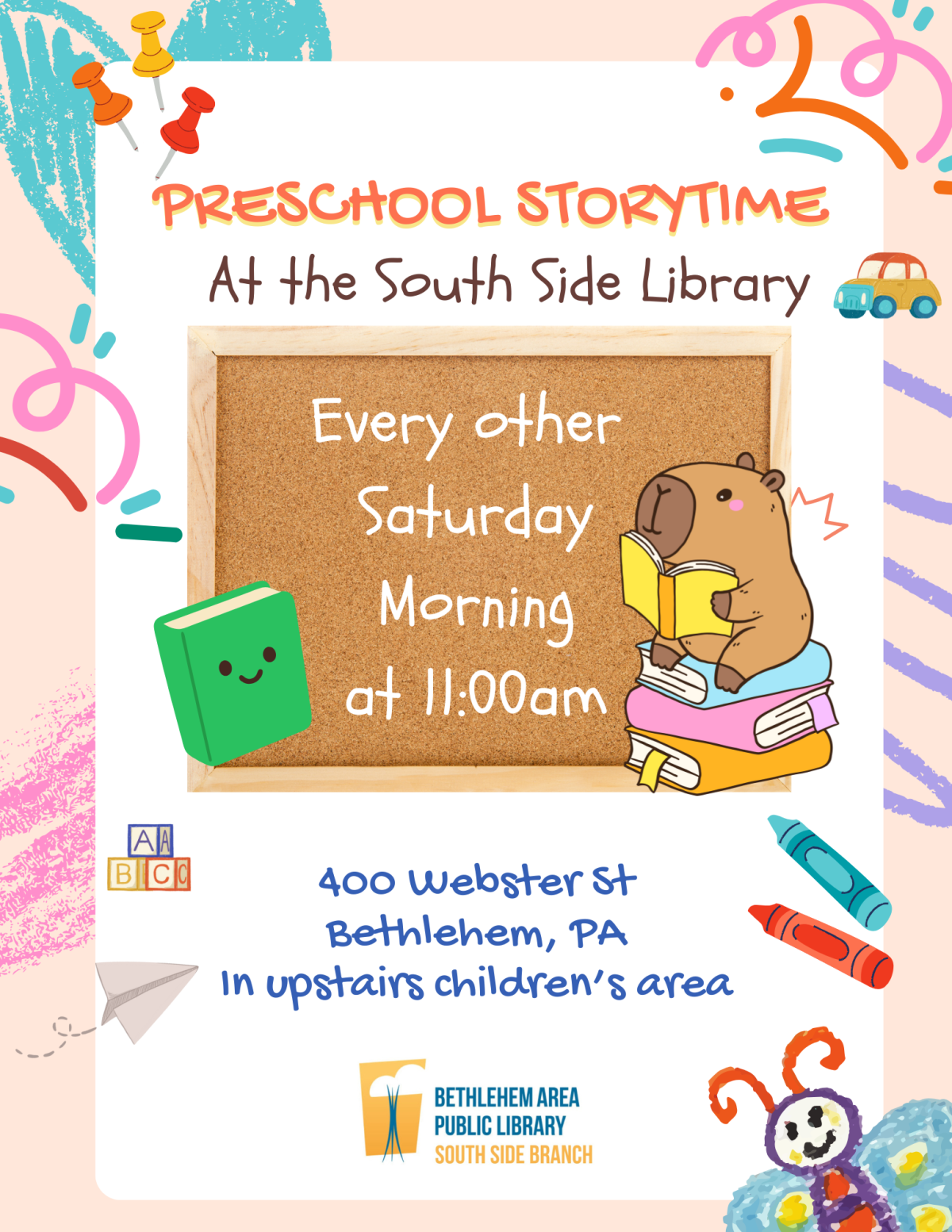 Preschool Storytime at the South Side Library. Every other Saturday morning at 11am.