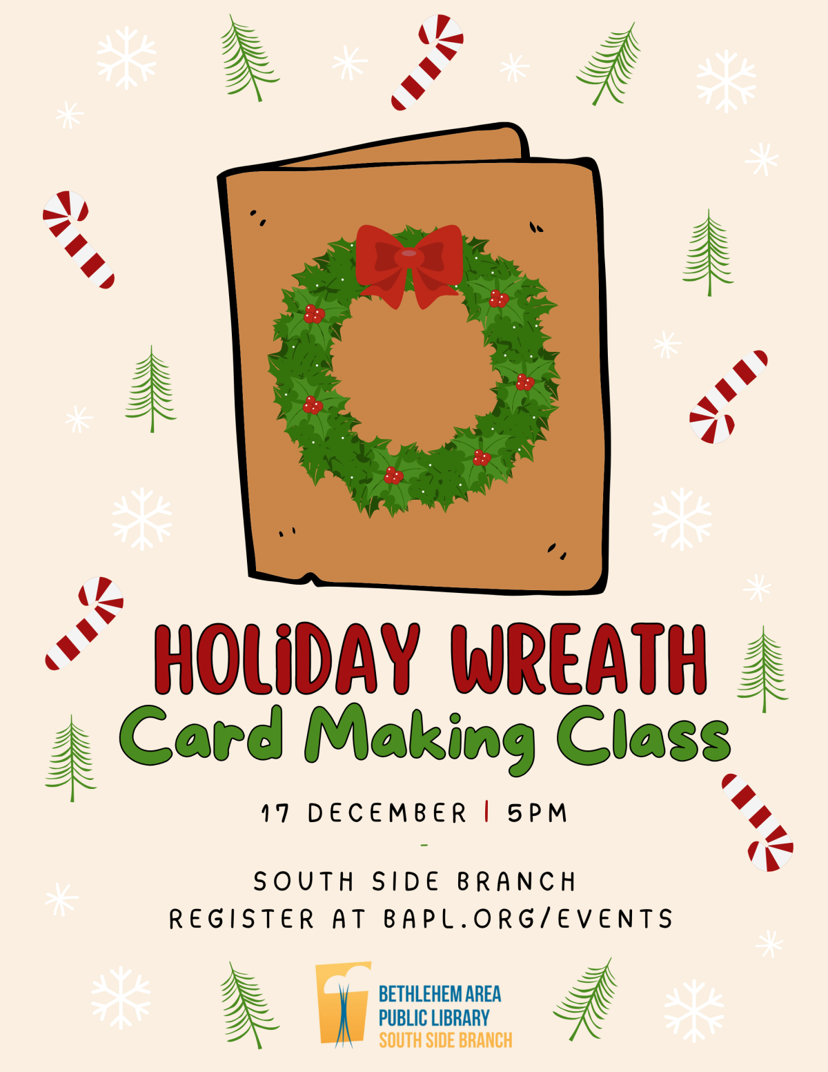 card with a wreath on it with red bow