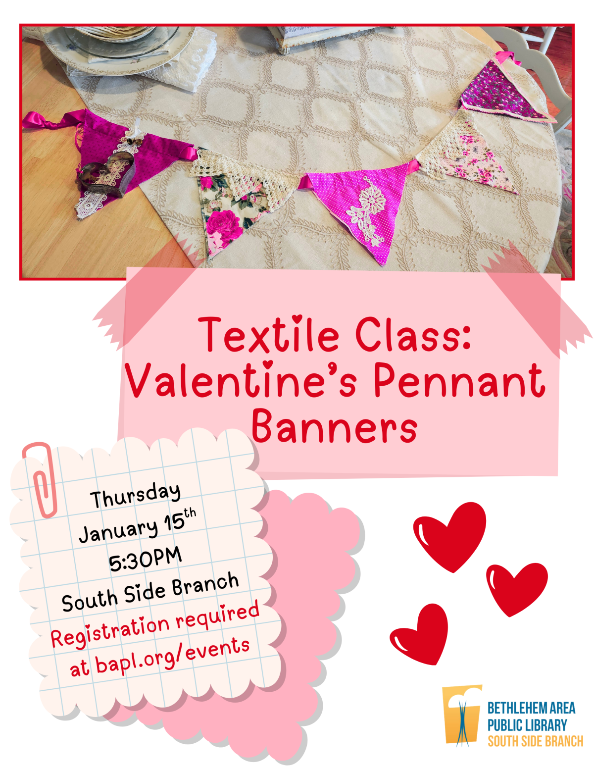 textile class valentine's pennant banner