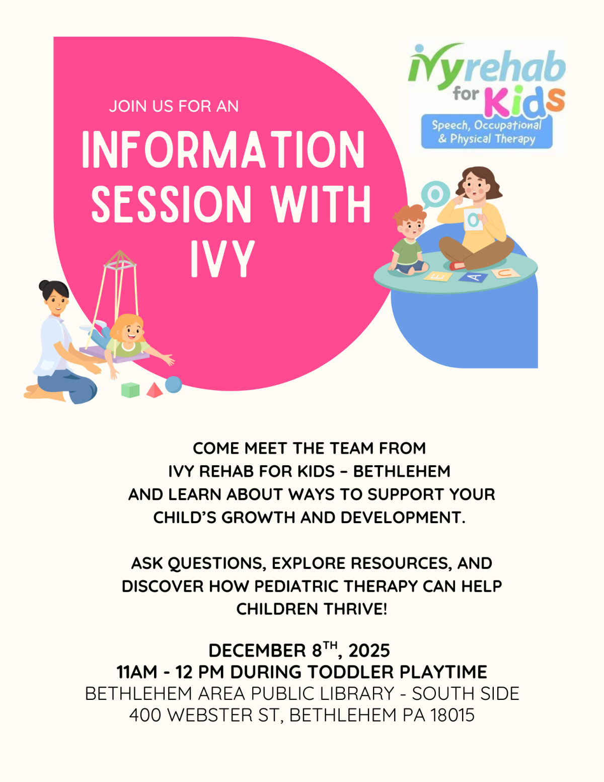 Information Session with Ivy Rehab for Kids at South Side Playtime Monday 12/8 11am-12pm