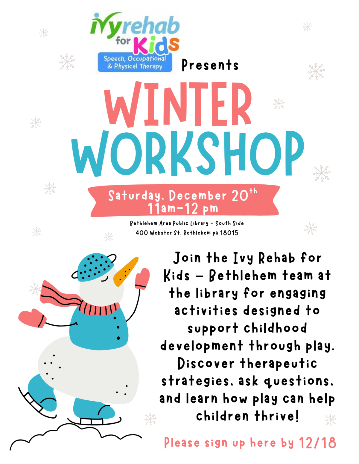 Winter Workshop with Ivy Rehab for Kids on 12/20 from 11am-12pm